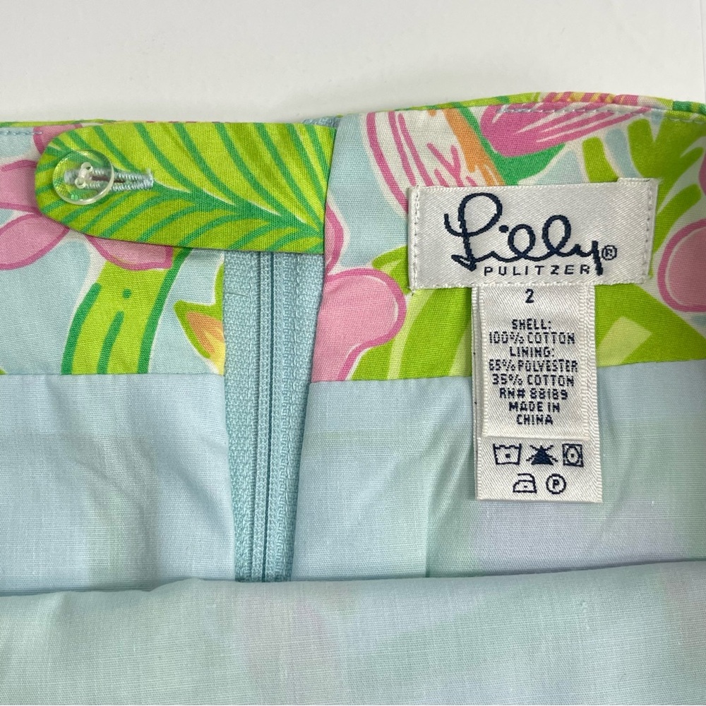 LILLY PULITZER Skirt Botanical Print Green Yellow Pink Scalloped Hem Size 2 - Picture 6 of 10